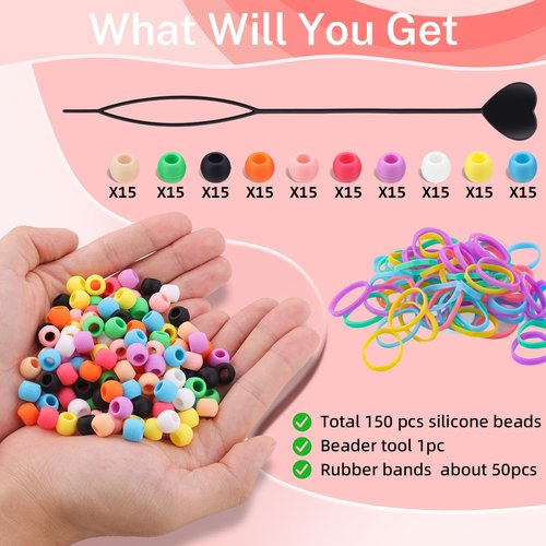 150Pcs 10mm Small Silicone Beads for Hair Braids, Soft Jellyish Pony Hair Beads with 5mm Hole + 50 Rubber Bands and 1 Beader for Braiding, DIY Bracelets Necklaces Crafts (Multicolors)