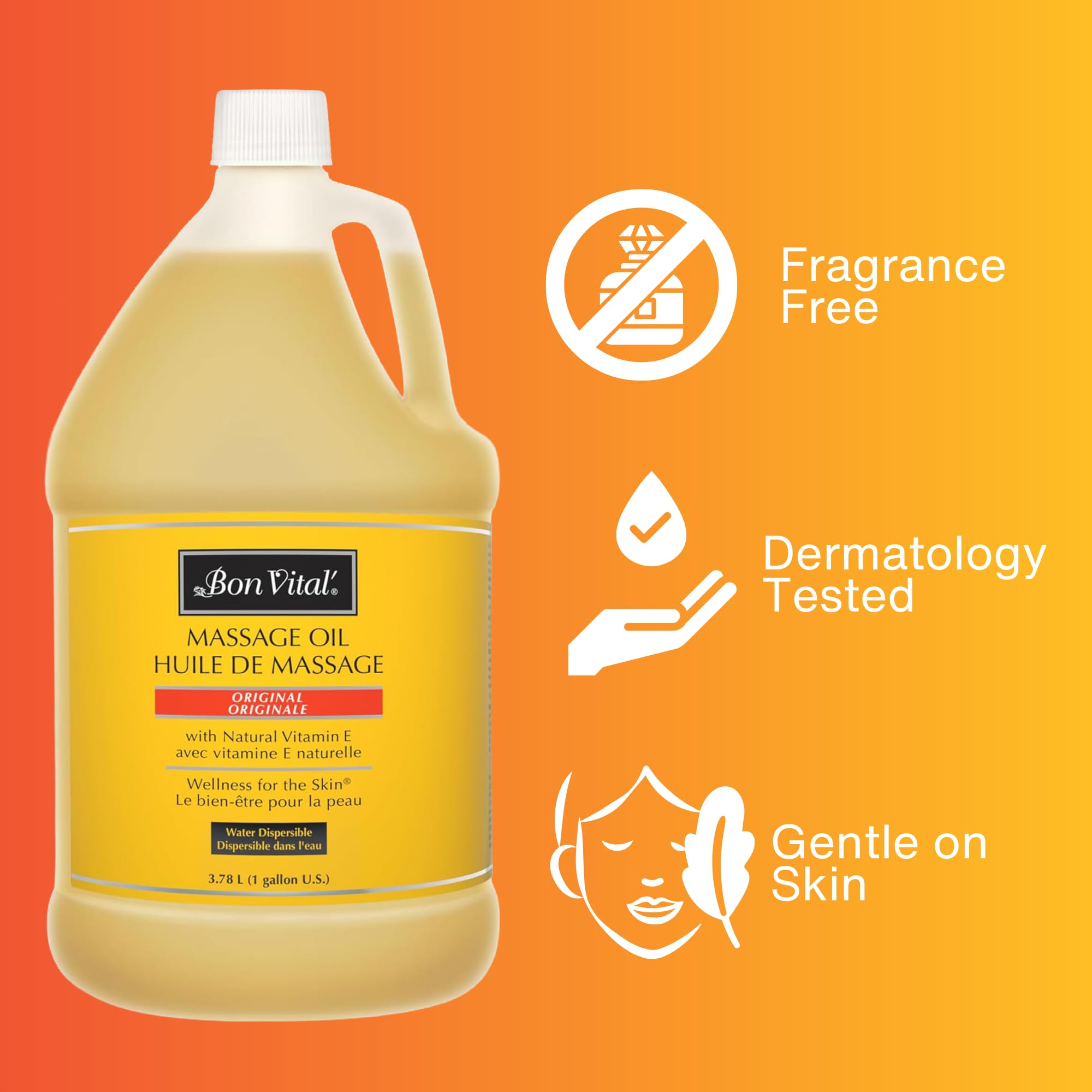 Bon Vital' Original Massage Oil, 1 Gallon Unscented Professional Massage Oil with Natural Oils & Vitamins, Water-Dispersible, No Nut Oils, Smooth Glide for All Massage Modalities