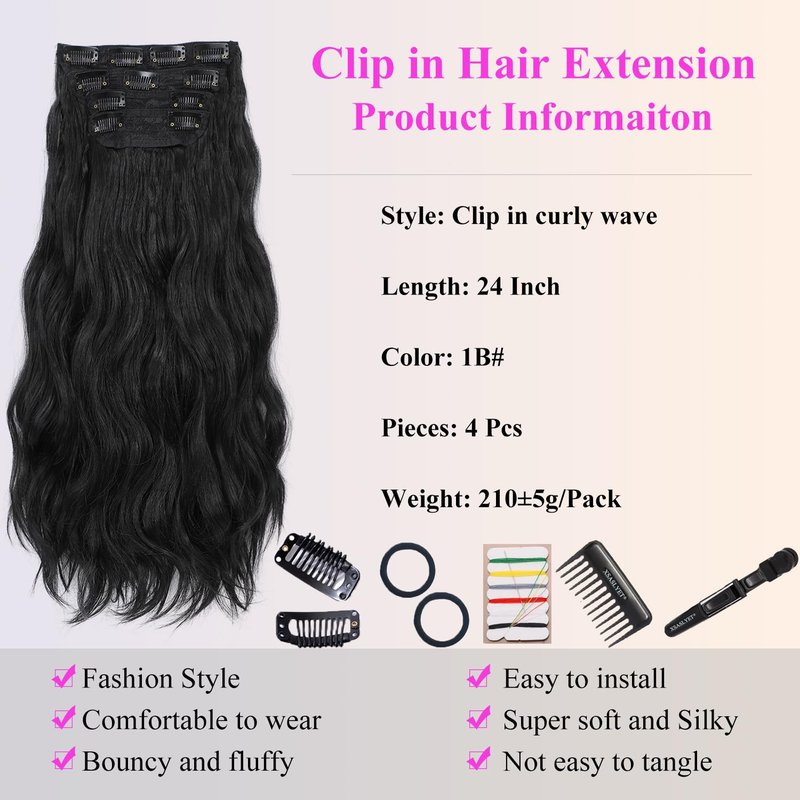 XSASLYET 24 Inch Clip in Hair Extensions 4 Pcs - Curly hair Extensions Clip Ins, Soft Natural Look Synthetic Fiber, Lightweight, Long Use with Secure Invisible Clips, Daily Wear(1B)