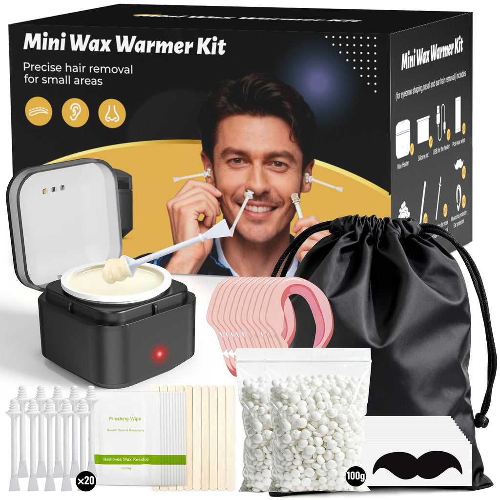 Nose Wax Kit Men: Nose and Ear Hair Removal Kit with Smart Temperature Control & USB C Fast Heating, Nose Hair Wax Kit Includes 100g Hard Wax Beans 20 Sticks & Travel Bag | Lasts up to 7 Weeks 15 Uses