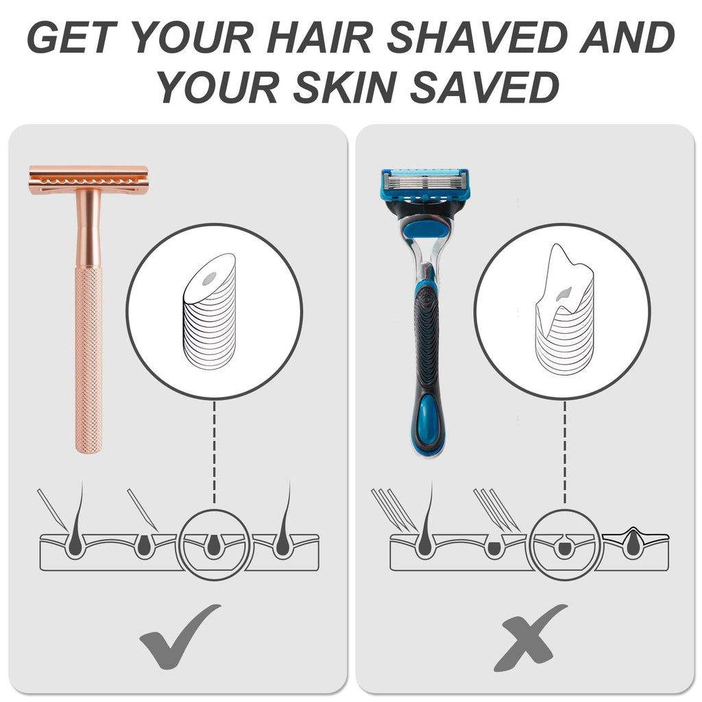 KAIYULUN Safety Razor with Stand for Men & Women - Double Edge Single Blade Razor, One Blade Razor with 10 Blades & Metal Stand - Reusable Mens & Womens Shaving Razor (Complete Kit)-Rose gold