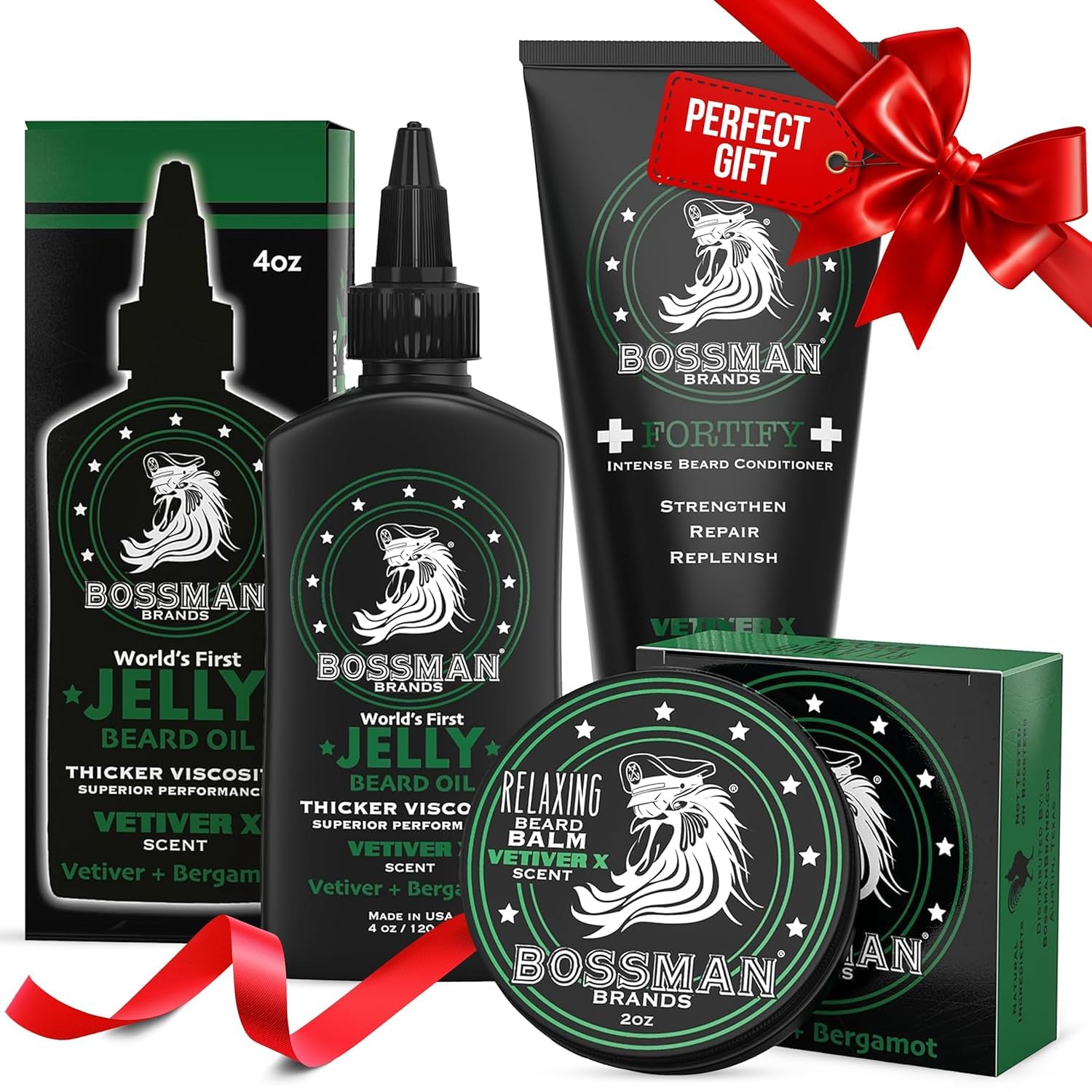 Bossman Essentials Beard Kit for Men, Set of 3 - Beard Oil Jelly, Fortifying Conditioner Cream, Beard Balm - Grooming Growth Care Accessories - Gift Set for Men (Vetiver X)