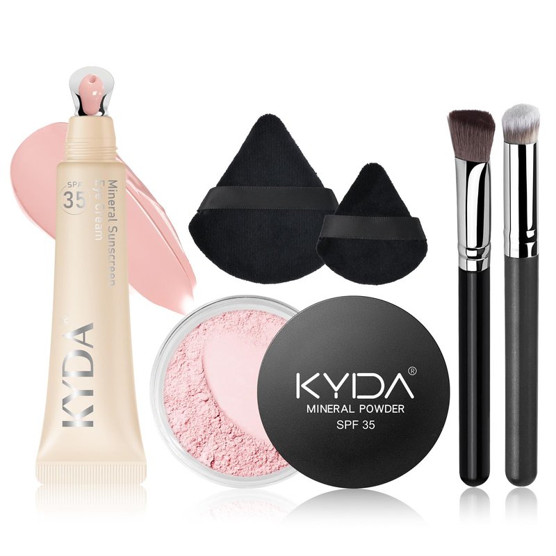 KYDA 6 Pcs Pink Mineral Under Eyes Concealer Kit, Included Eyes Concealer Cream+Loose Setting Powder, SPF 35, Eyes Color Corrector Set, Conceal Dark Circles with Brushes & Puffs