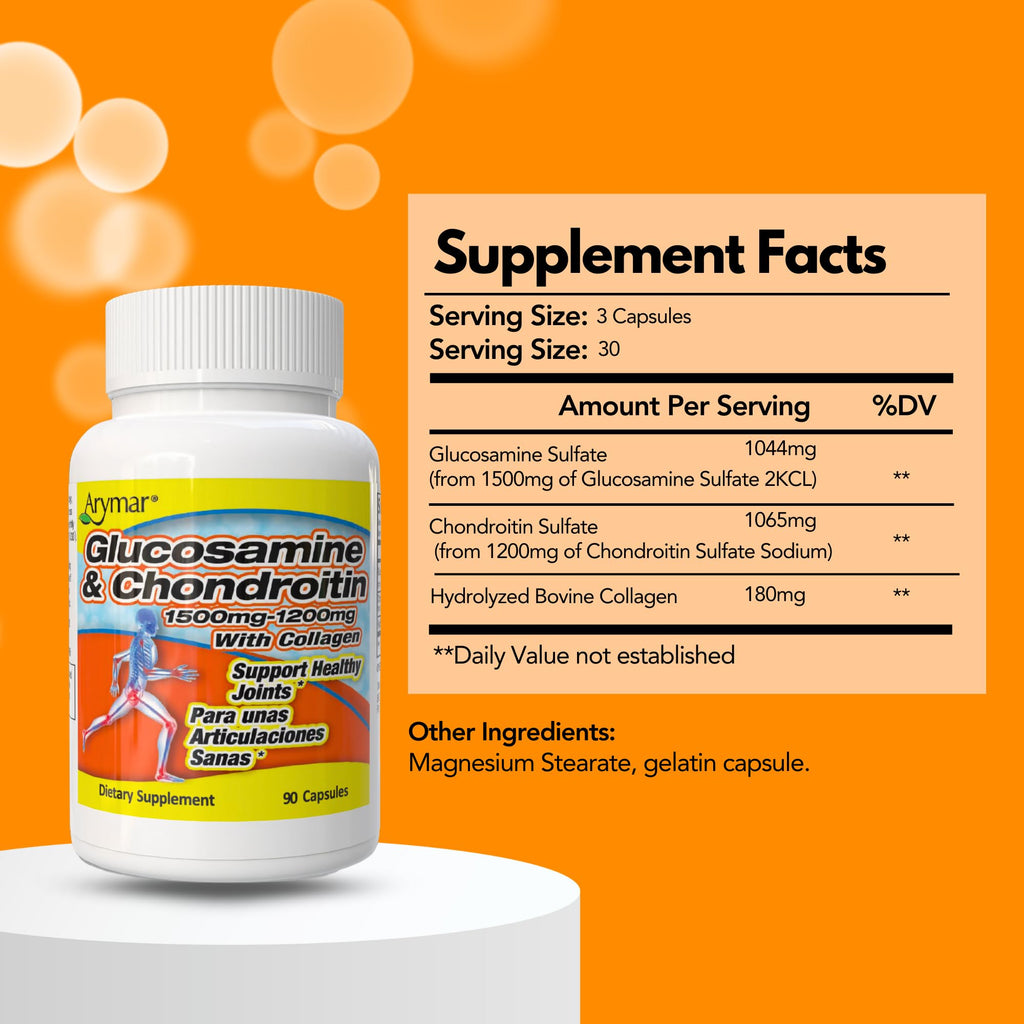 Arymar Glucosamine 1500 mg and Chondroitin 1200 mg with Collagen – Joint Health Supplement – 90 Capsules