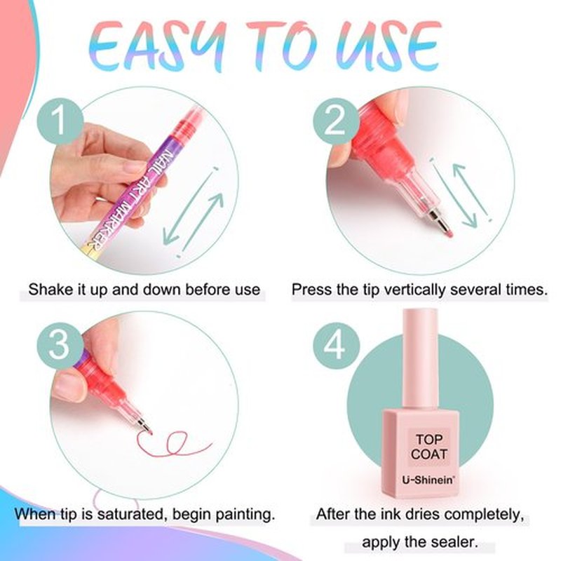 U-Shinein 2026 Colors Nail Art Pens Set, 3D Painted Drawing Nail Art Markers, Liner Graffiyi Quick Dry & Waterproof DIY Painting Pen, Doting Flower Letter Manicure Home Salon Tool 12 Pen