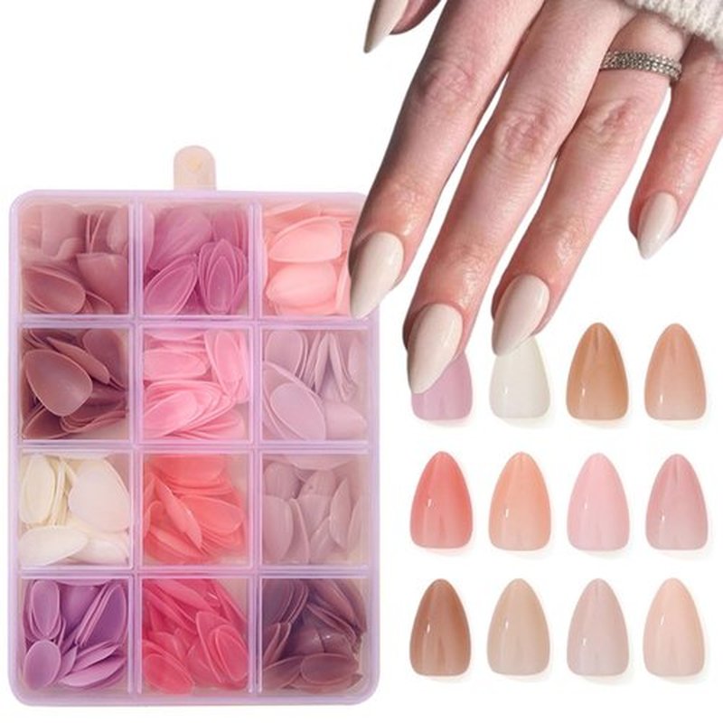 12 Packs (360Pcs) Press on Nails Short Almond Nail Tips Solid Color Nails Press Ons Glossy Nature with Designs Fake Nails Full Cover Daily Acrylic Nails for Women Nails Art- Light Color