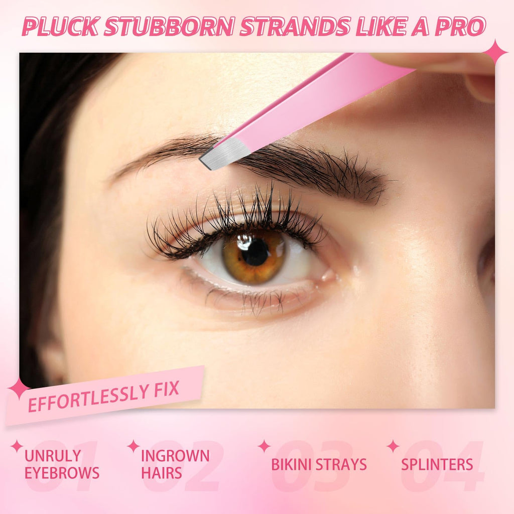Mudder 12 Pcs Eyebrow Tweezers Set for Facial Hair Stainless Steel Slanted Tip Tweezers in Bulk for Men and Women(Pink)