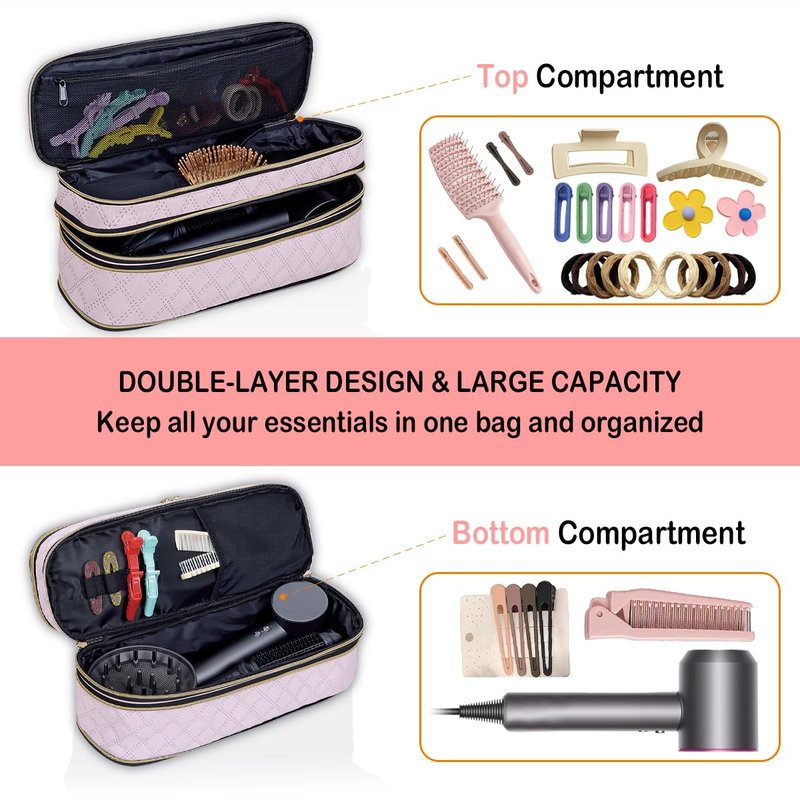 UOZL Hair Dryer Curling Iron Storage Bag, Travel Carrying Case, Slim Expandable Handheld Dual-Layer Travel Storage Bag for Dryer/Hair Tool Organizer/Style Organizer (Pink)