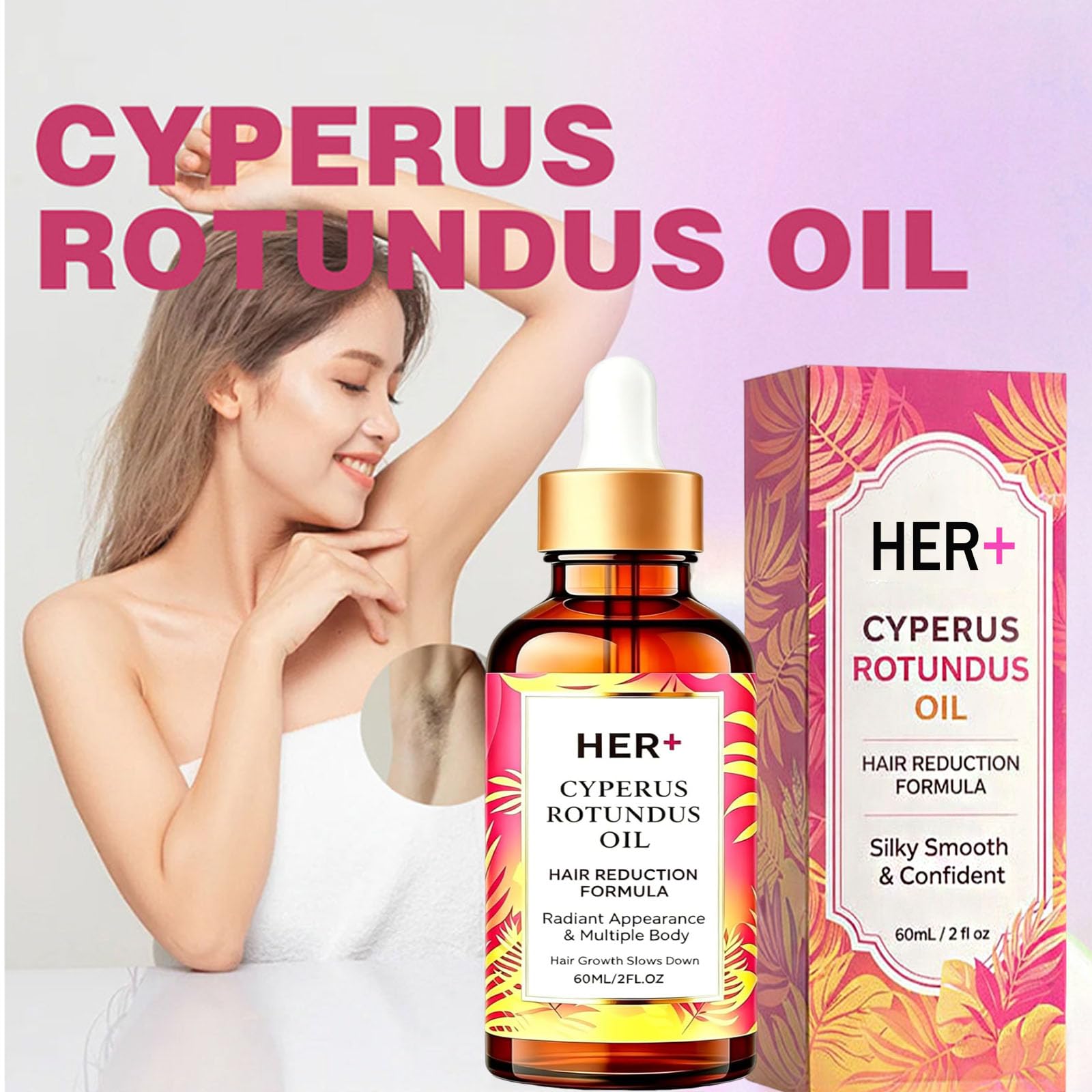HER+ Cyperus Rotundus Oil - Hair Reduction Formula, Silky Smooth & Confident, Reducing Body Hair Growth, Easy to Use, Safe, 2 Fl Oz (2PCS)