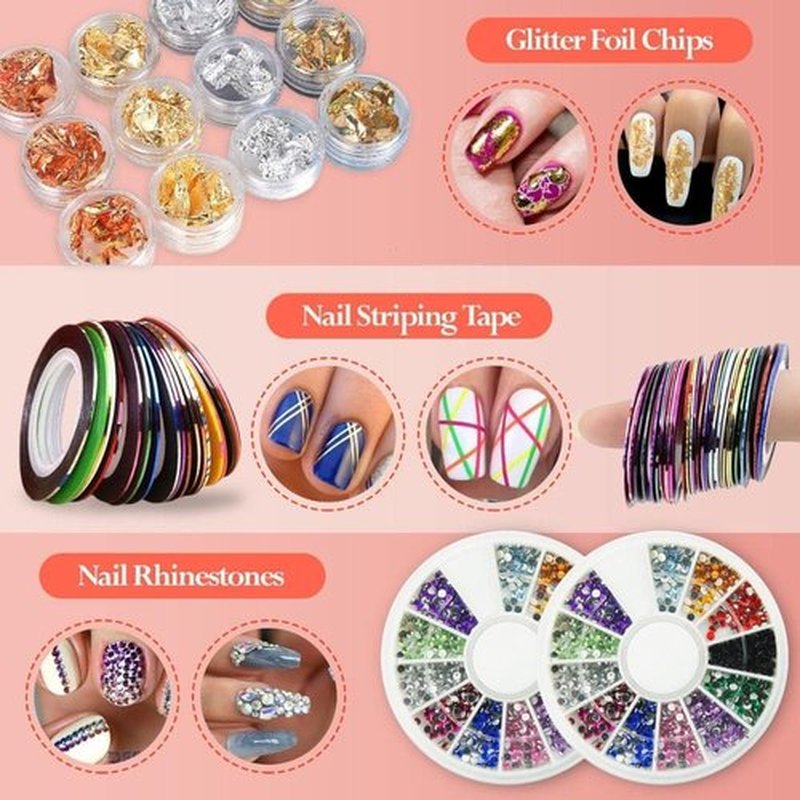 121 Pcs Professional Nail Art Kit – Acrylic Nail Brushes, Nail Foils, Rhinestones, Glitter Powder, Stickers, Dotting Pens, Nail Tips & Tweezer for DIY Manicure and Salon-Quality Designs