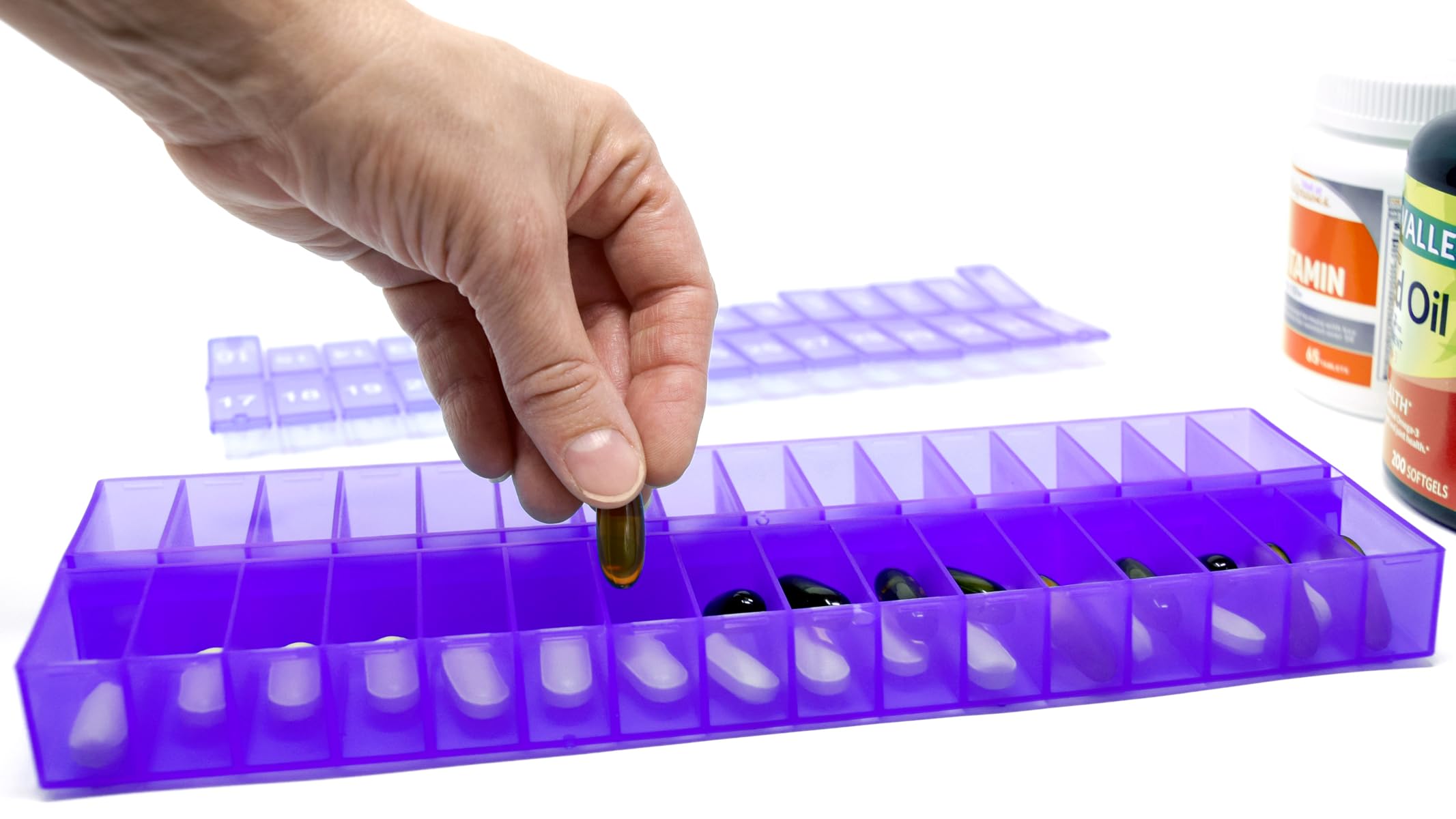 Once-a Day Monthly Pill Organizer Removable Lid for Easy Loading - Large Compartment Pill Box Medications for Entire Month Plus a Compartment for Extra Pills BPA Free