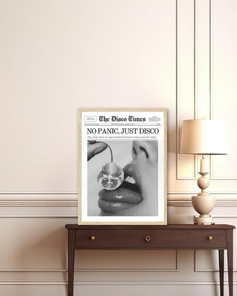 iHery Unframed Disco Newspaper Wall Art Print - Trendy Cherry Disco Ball Design | 12x16in Canvas Décor