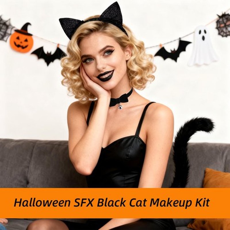 CAHOTO Halloween Black Cat Makeup Kit for Adult, Ears Headband, Black Lipstick, Eyeliner, Tail, and Bell Collar, Costume Accessories for Cosplay Party SFX Makeup