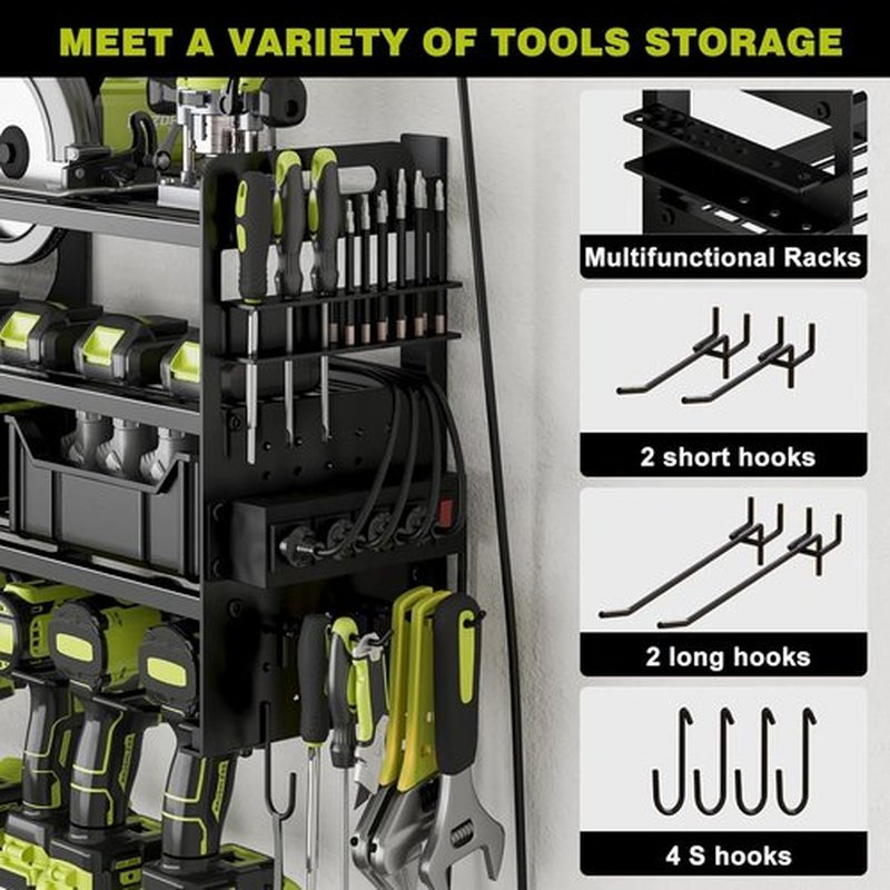 Power Tool Organizer - 12 Cordless Drill Holder with Side Pegboard & Screwdriver Storage | Heavy-Duty Metal Rack