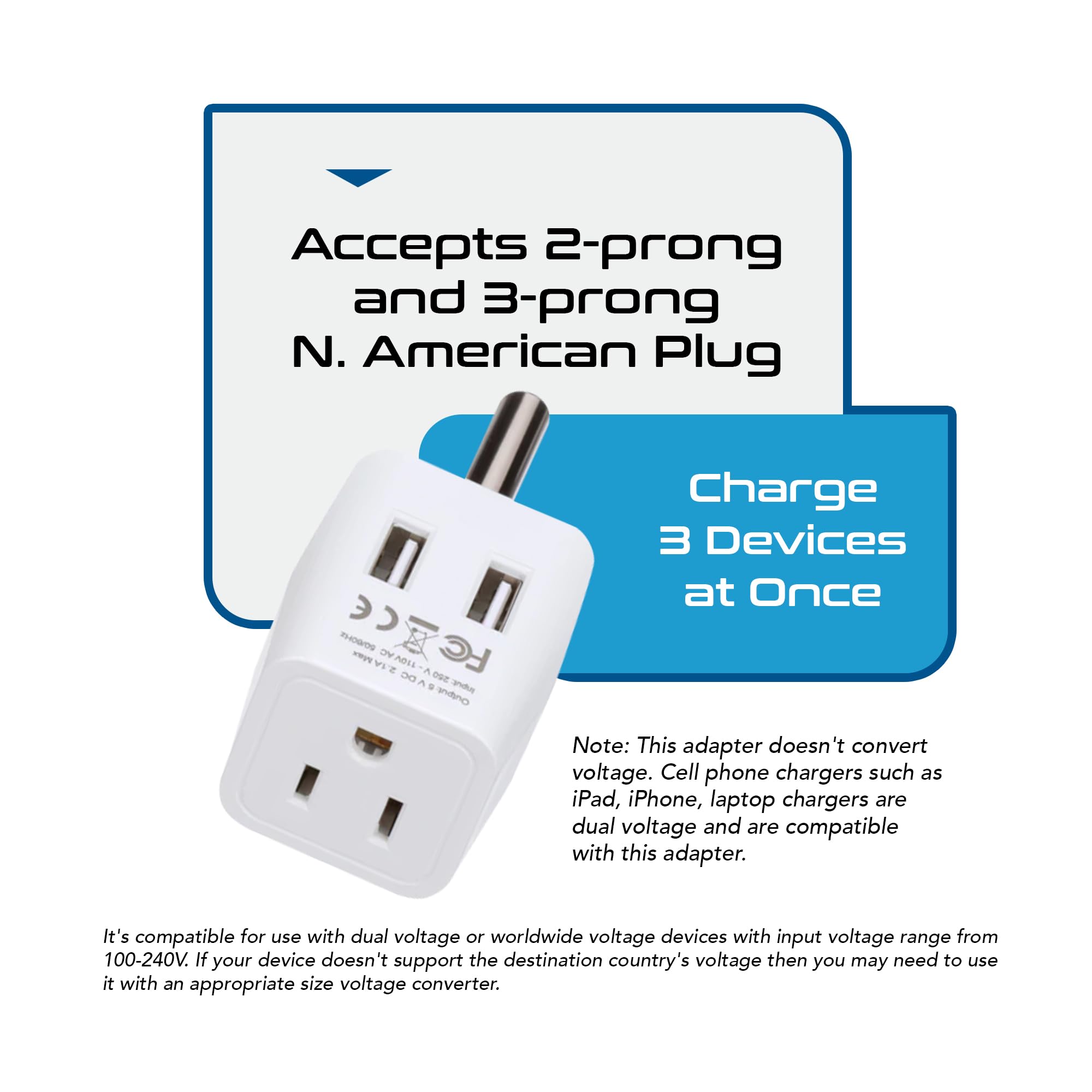 Ceptics South Africa, Botswana Travel Adapter Plug With Dual USB + USA Input - Type M - Ultra Compact - Safe Grounded Perfect for Cell Phones, Laptops, Camera Chargers and More (CTU-10L)