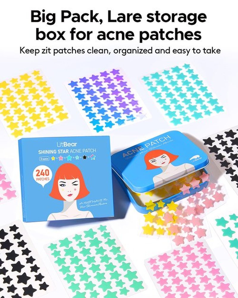 LitBear Acne Patch Pimple Patch, 6 Colors 240 Dots Star Pimple Patches with Tea Tree Oil & Centella Oil, Hydrocolloid Acne Pimple Patches for Face Cute Zit Patches Pimple Stickers Acne Dots