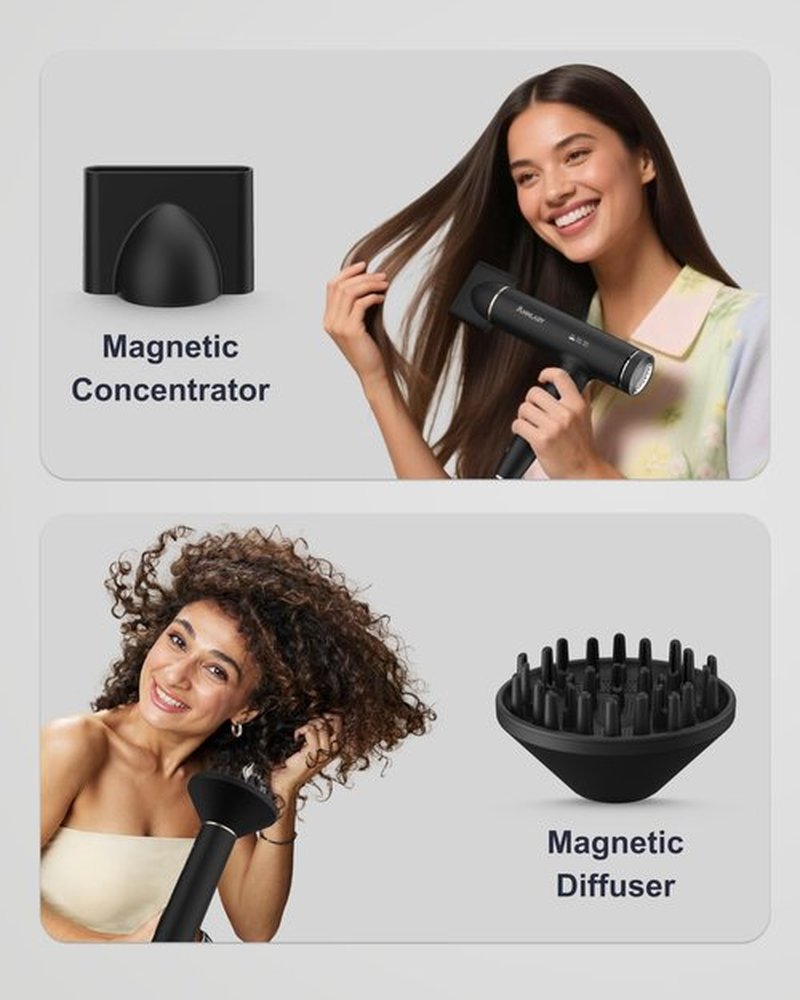 Annlary Hair Dryer, Blow Dryer with Diffuser for Curly Hair | Plasma Ionic Hairdryer for Frizz Control | Low Noise | Foldable for Travel | 6.5Ft ALCI Cord | Magnetic Nozzle for Faster Drying