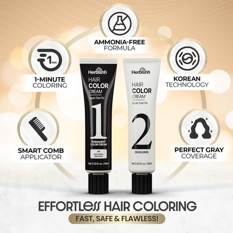 Herbishh Korean Hair Dye Cream & Developer - Natural Brown | Ammonia-Free, 1-Minute Gray Coverage Kit (2.03 fl oz Each)