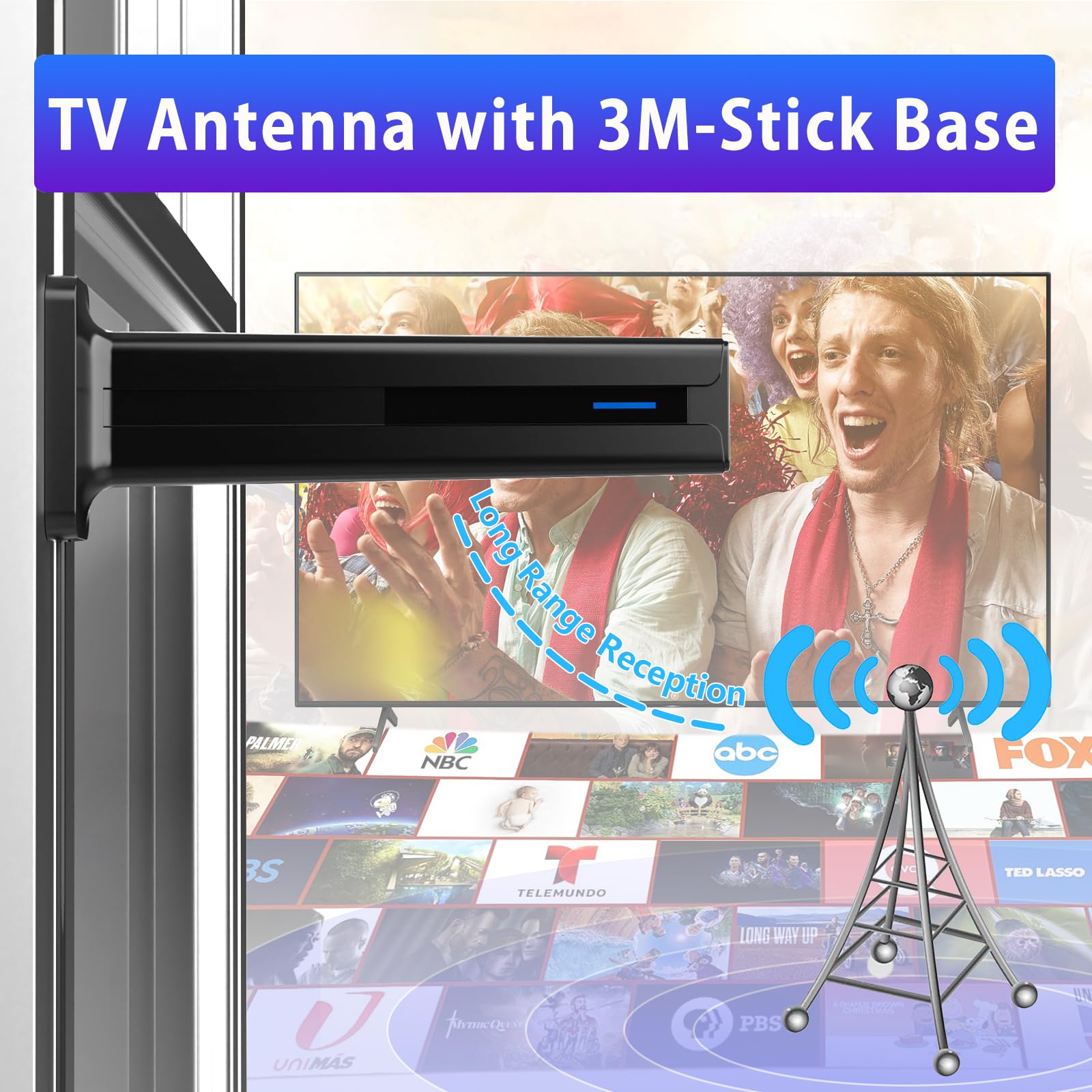 Digital Antenna for Smart TV Indoor, 2026 HD Antennas with 3M-Stick Base, 360°&Long Range Reception 4k 1080p for Local Channels, Easy Setup Antenna for TV Without Cable (Black)
