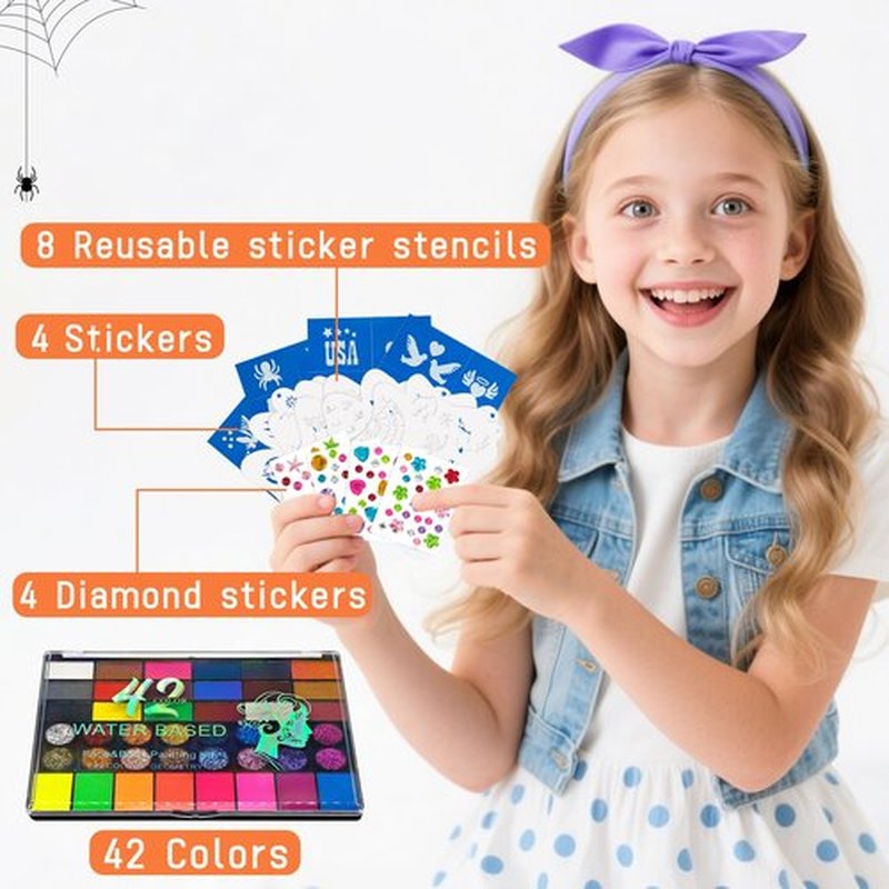 Professional Face Painting Kit, Water-Based Non-Toxic Makeup Set with Stencils, Gems, Brushes for Halloween, Carnival, Parties, School Events, Festivals (42 Colors)