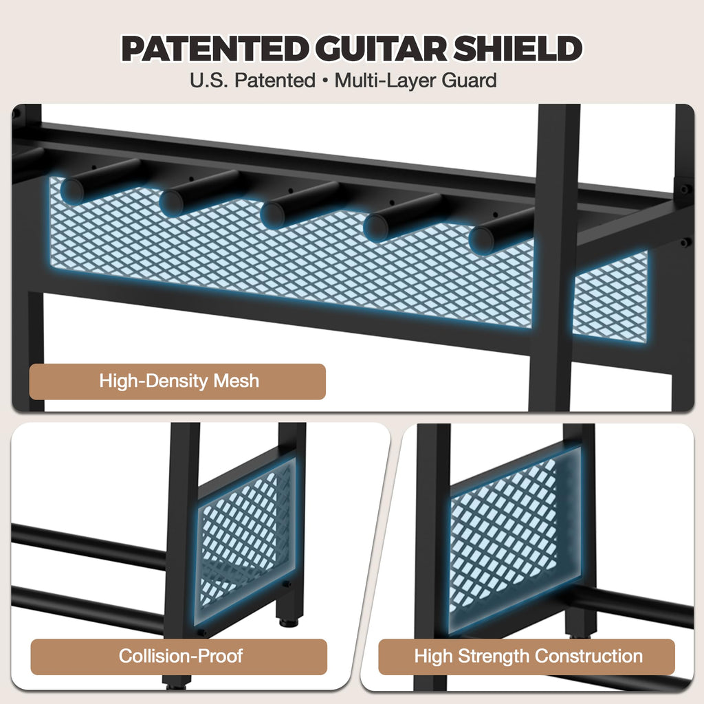 JollyJive 5-Guitar Stand Floor with Wood Storage Shelf, 27.8lbs Heavy Duty Multi-Guitar Rack Holder (1.2mm Steel Tubes), Patented 3-Sided Mesh Shield for Acoustic, Electric & Bass, Premium Studio Furniture,Gray