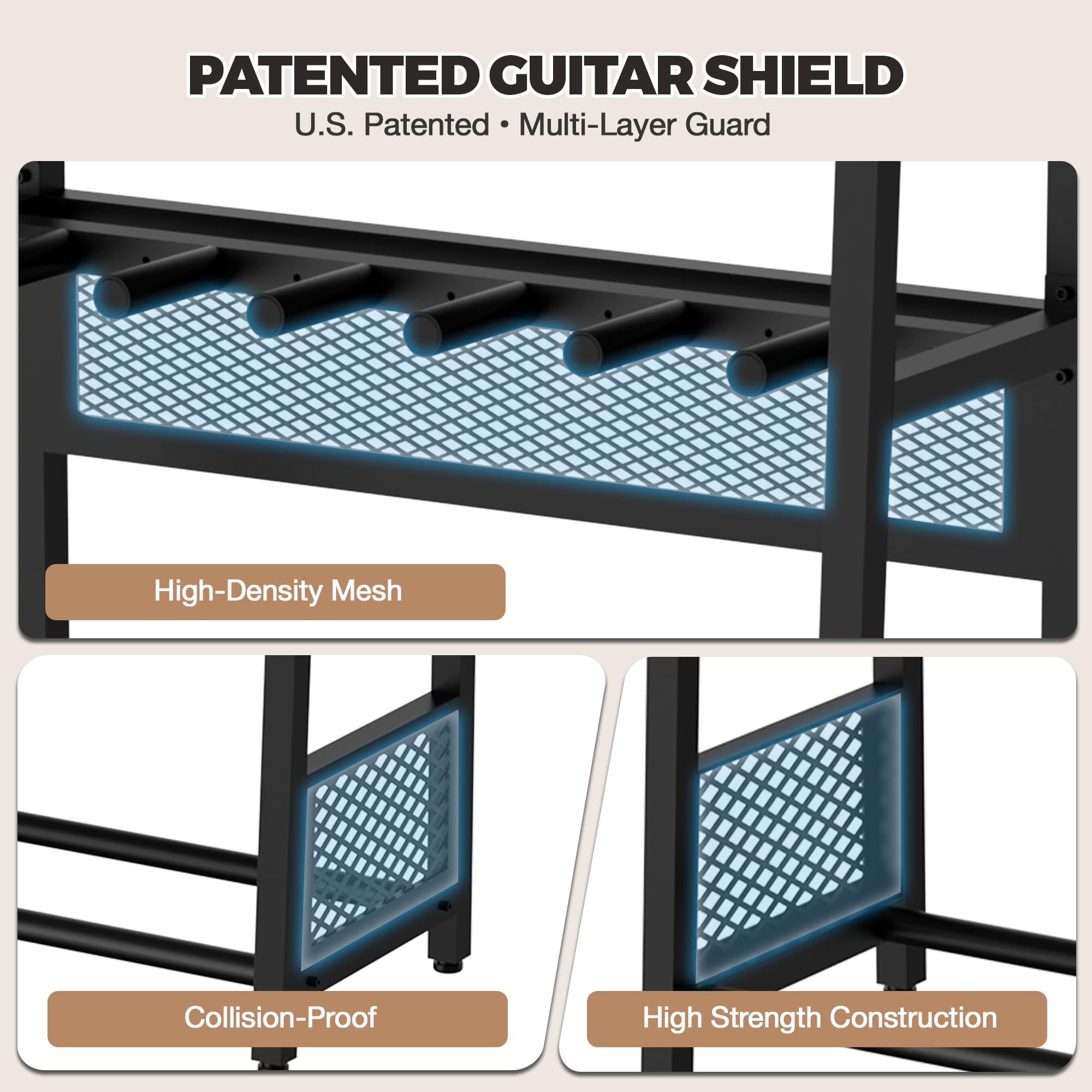 JollyJive 5-Guitar Stand Floor with Wood Storage Shelf, 27.8lbs Heavy Duty Multi-Guitar Rack Holder (1.2mm Steel Tubes), Patented 3-Sided Mesh Shield for Acoustic, Electric & Bass, Premium Studio Furniture,Gray