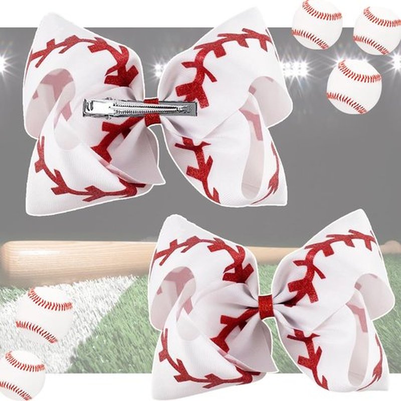 Glitter Sequin 4.5 Inch Grosgrain Ribbon Hair Clips with Baseball and Cheerleading Bows - 2PCS Alligator Clips for Girls and Toddlers
