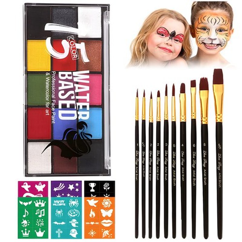 Face Painting Kit for Adults, Water Activated Body Face Paint, 15 Colors Water Based Facepaints Makeup Palette 12 Pcs Brushes, Stencils, Non Toxic for Halloween Party Birthday Cosplay