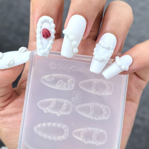 3D Silicone Nail Molds with 6 Patterns Cream Chain Embossing Pattern Design Reusable Manicure Template for DIY Resin Gel Nails Nail Decoration for Women