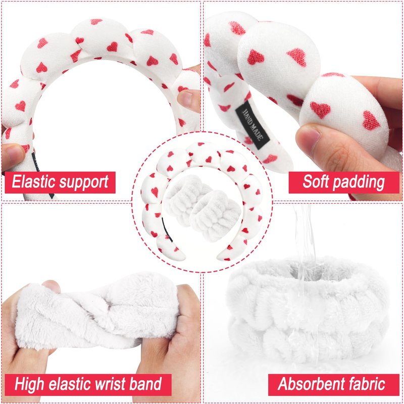 Zkptops Spa Headband for Washing Face Wristband Set Sponge Makeup Skincare Velvet Fabric Bubble Soft Get Ready Hairbands for Women Puffy Headwear Non Slip Thick Thin Hair Accessory (Red Heart)