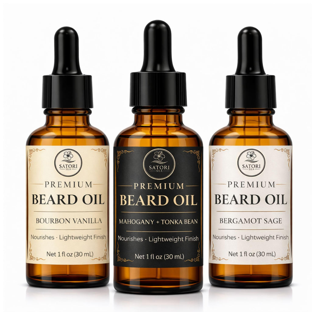 Satori Sea Beard Oil Variety Pack for Men - 3 Pack (Bourbon Vanilla, Mahogany Tonka Bean, Bergamot Sage) - Premium Beard Oil for Men - Moisturizing & Conditioning Beard Care -1 oz Bottles
