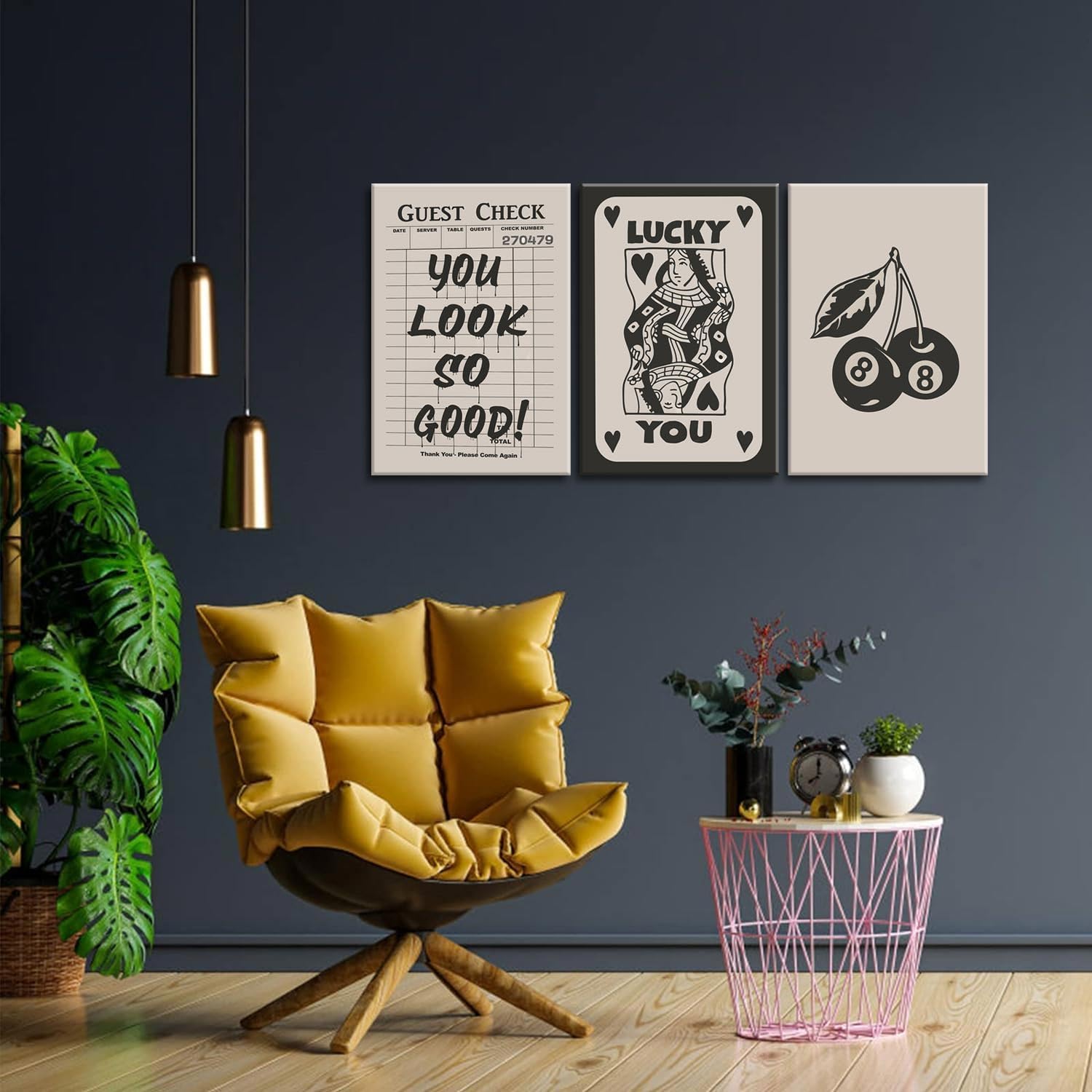 Fashion Poker Framed Canvas Wall Art Set of 3 - Vintage Queen & Lucky You Poster Prints | Aesthetic Black Art for Bedroom & Living Room - 12x16''