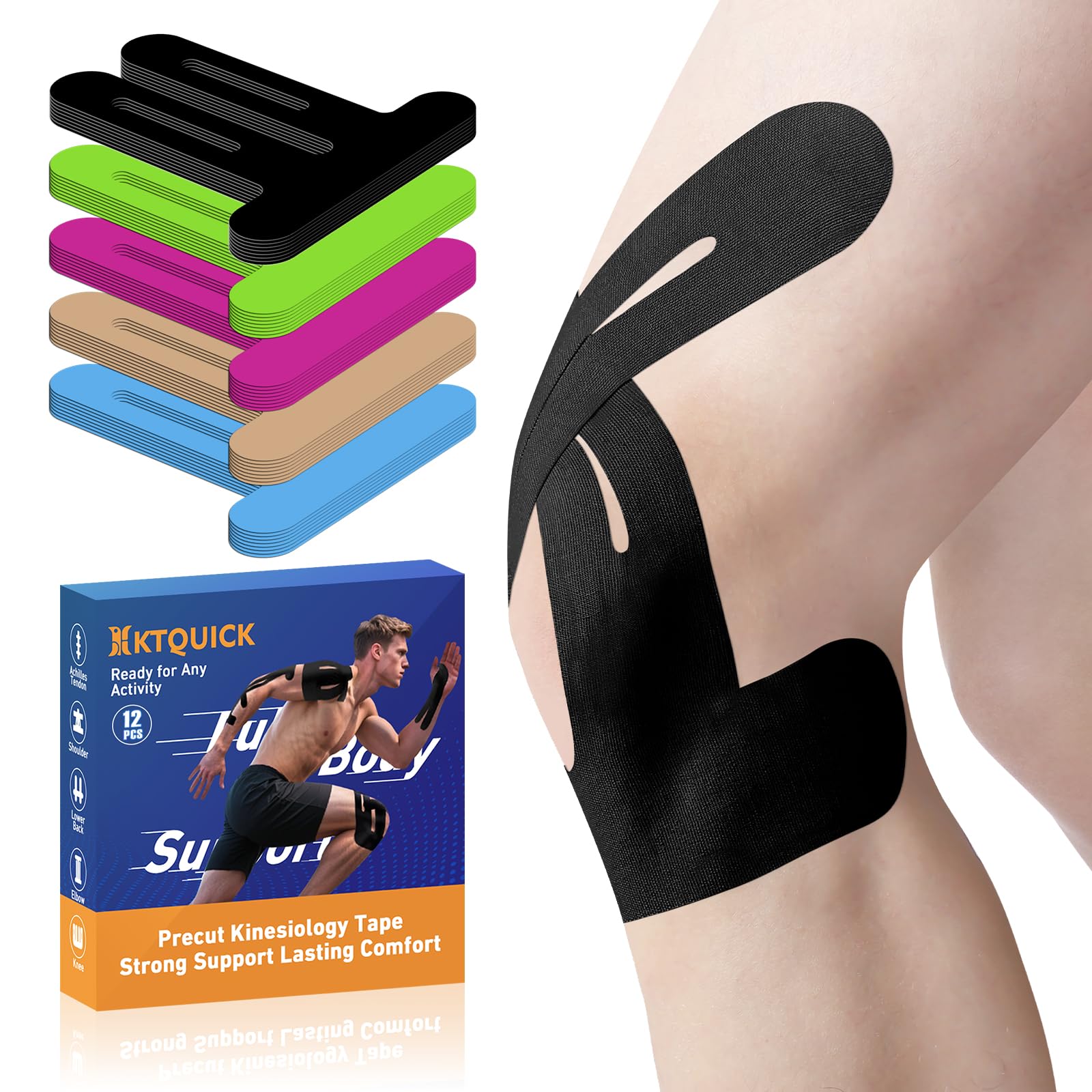 KTQUICK Precut Kinesiology Tape for Knees,12 Ct,20% Stronger Adhesive Black