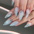KKUUOO Medium Almond Blue Press-on Nails - Shell Design Rhinestones, French False Nails, Glossy Acrylic Finish, Stick-on, 12 Sizes, 24 Pieces