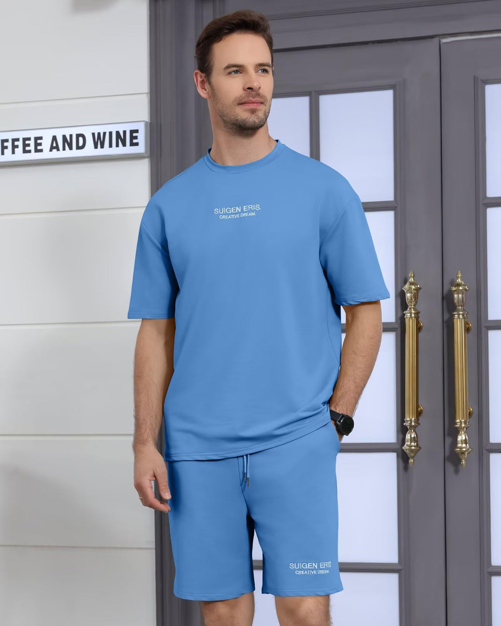 Epoleatries Men's 2 Piece Outfits Letter Drop Shoulder Oversize Tee Shirt Shorts Set Athletic Jogging Summer Tracksuit Light Blue M