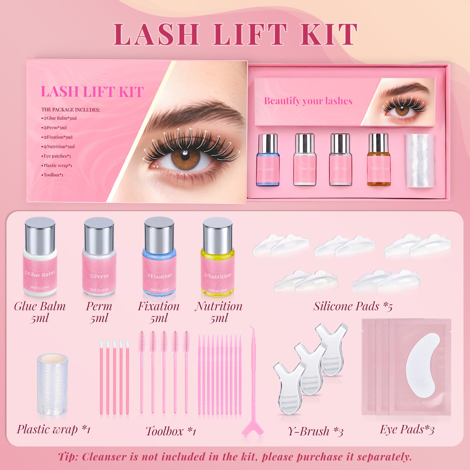 Lash Lift Kit, Eyelash Perm Kit with Glue Balm, Perm, Fixation, Nutrition, Silicone Pads for Lash Curling, Professional Lash Perm Set for Natural Long-Lasting Curl, Home Eyelash Lifting Kit for Women