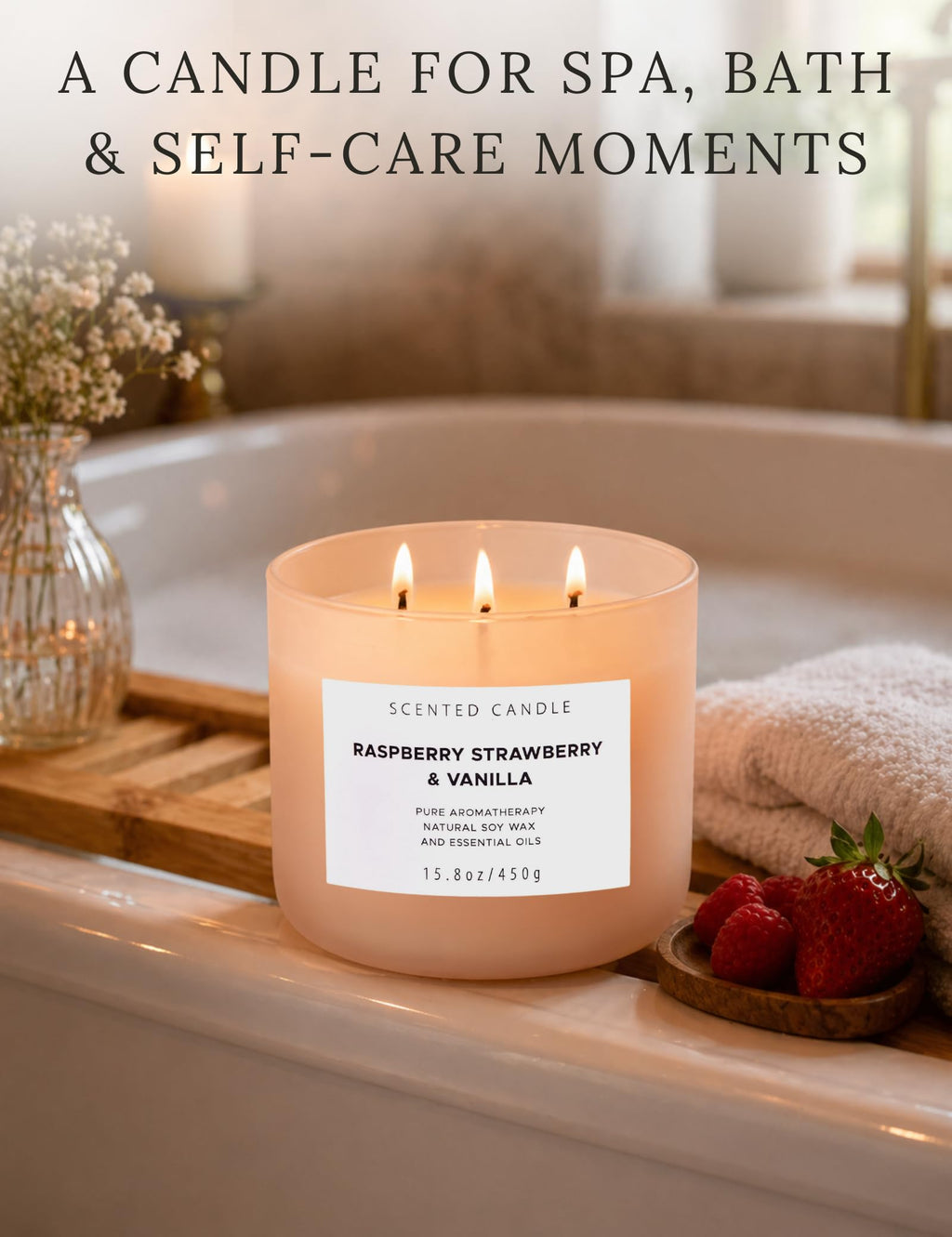 Raspberry Strawberry Vanilla 3-Wick Scented Soy Candle 15.8 oz | Large Sweet Berry Vanilla Scented Candle for Home | Relaxing Aromatherapy Candle | Strong Throw & Long Lasting
