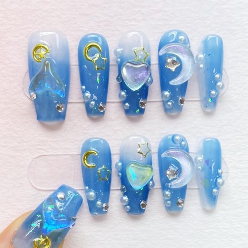 FlyingRabbit handmade press on nails short,coffin fake nails with designs,FlyingRabbit 10 pcs high hardness acrylic nails press ons,3d cute false nails for women-Mermaid ocean(S)