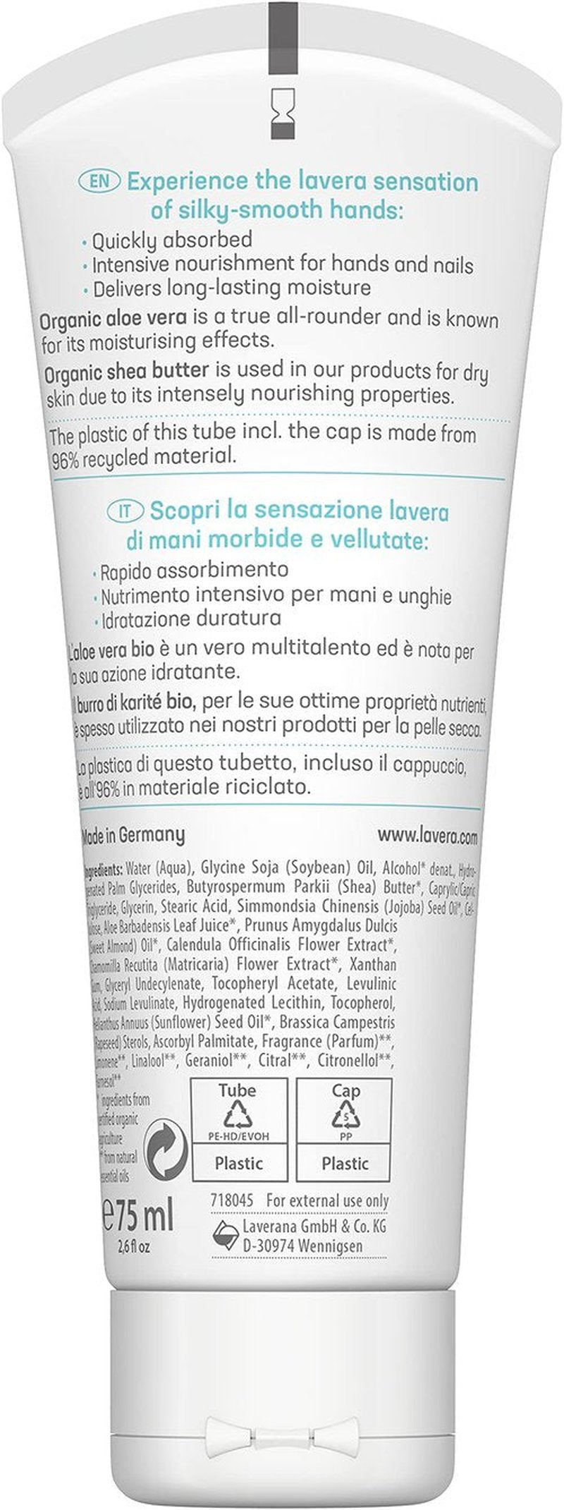 lavera Basis Sensitive Hand Cream - Hand Lotion with Aloe Vera & Shea Butter for Smooth Hands - Intensive & Moisturizing Care - PETA Certified - Vegan - Made in Germany - 2.5 Fl Oz