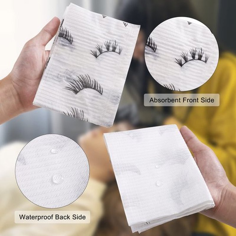 PRASNE Lashing Dental Bibs Disposable Pack of 125, Lash Pillow Cover of Lash Supplies, White 3-Ply Paper Poly Waterproof Towels, 13” x 18”, Black Eyelash Printed