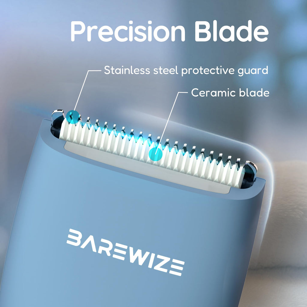 BAREWIZE Body Hair & Pubic Hair Trimmer for Men & Women, Painless Electric Body & Bikini Shaver | Waterproof, Type-C Rechargeable, LED Light, Replaceable Blade, Manscape Personal Groomer (Azure)