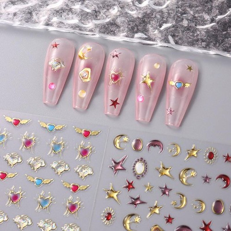 6Sheets 5D Embossed Stickers, Crystal Soft Glue Irregular Gems, Geometric Frame Art Stickers, Jelly Rhinestones Heart Star Decals, Moon Sun Cloud Nail Designs