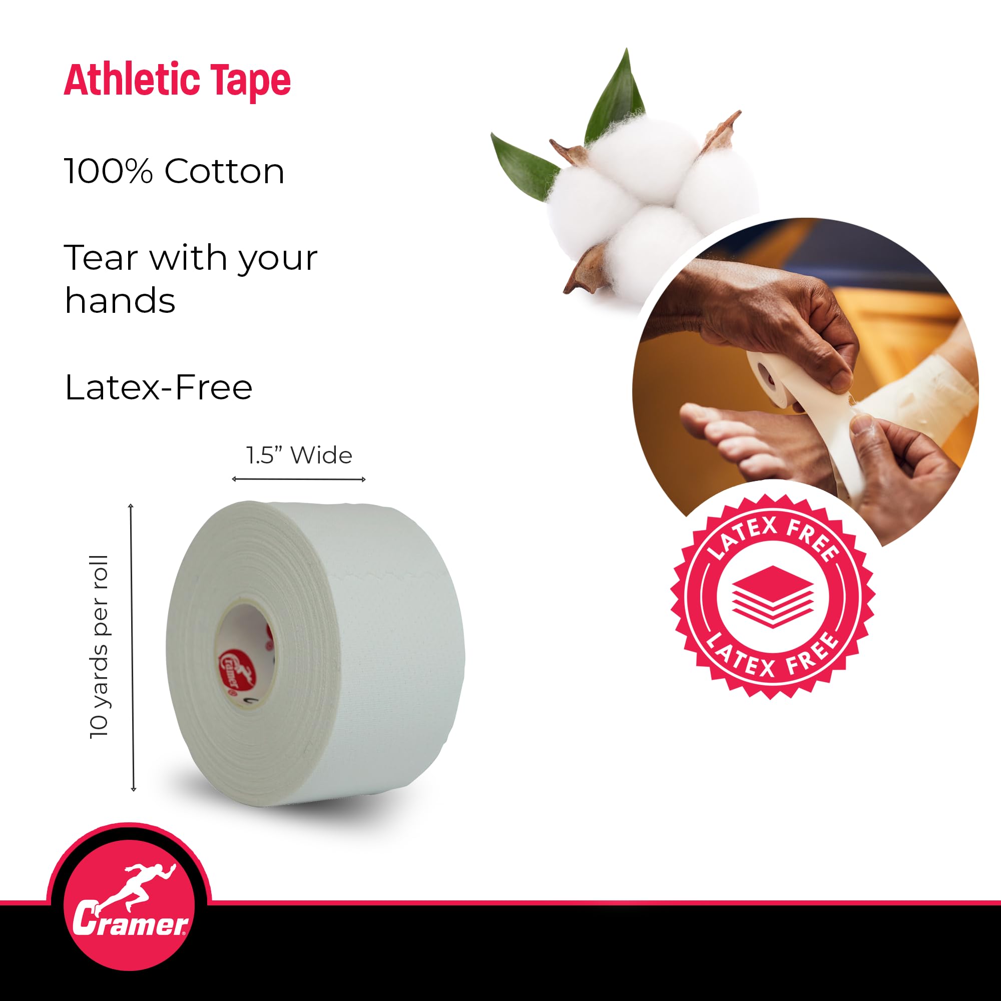 Cramer Team Color Athletic Tape, 1.5" x 10 Yards White, Easy Tear Sports Tape for Ankle, Wrist & Knee, Latex-Free Adhesive, Strong Support, Athletic Training Tape Roll
