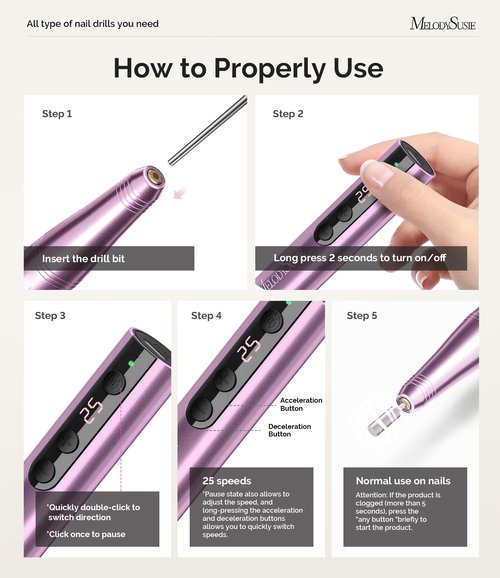 MelodySusie Pen-Shaped Portable Cordless Nail Drill, PC180F 25000RPM Rechargeable Electric File with LED Display for All Nail Care, Manicure Shaping & Acrylic Gel Removal for Nail Artists DIY at Home