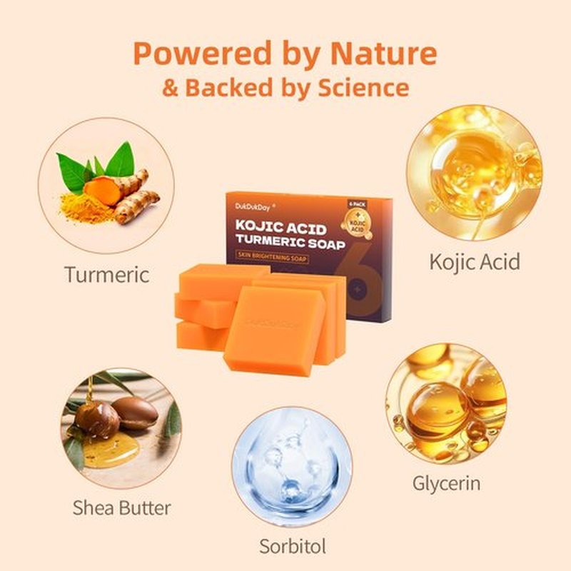 Dukdukday Turmeric Soap Bar Dark Spots for Face & Body, Kojic Acid soap Deep Cleansing, Gentle Soap Sensitive Skin Formula, All Skin Types 60g x 6 Bars