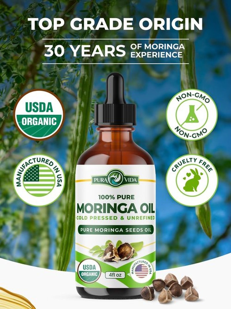100% Pure Moringa Oil Organic for Face, Hair, Nails and Dry Skin - USDA Certified Single Origin Moringa Oleifera Seeds Extract - 3rd Party Tested, Cold Pressed & Unrefined Organic Moringa Seed Oil