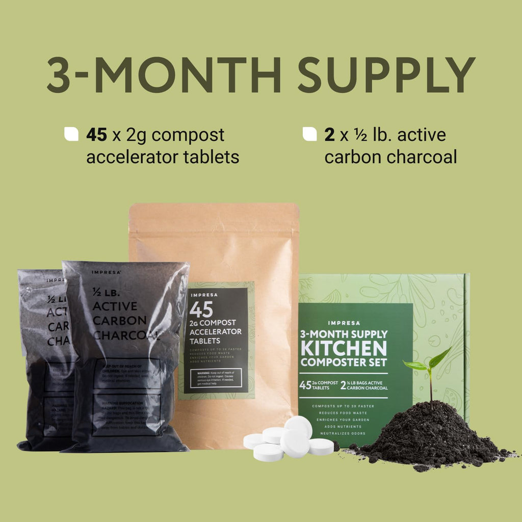 Impresa Kitchen Composter Set for Lomi Kitchen Composter - Impresa Two 0.5lb Bags for Lomi Charcoal Refills + 45 Compost Accelerator Tablets