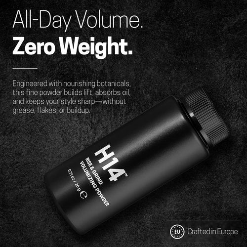 H14 Rise & Grind Hair Powder for Men – Volumizing Matte Finish Styling Dust with Extra Hold – Lightweight Thickening Powder with Pea Extract & Acai Oil – Residue-Free Texture Booster, 0.71 oz