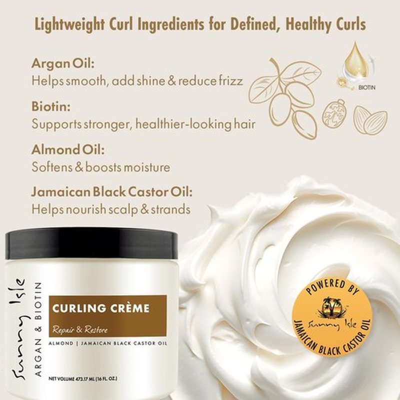 Sunny Isle Argan & Biotin Curling Cream - Lightweight, Curl Enhancing Crème, Paraben Free 16oz