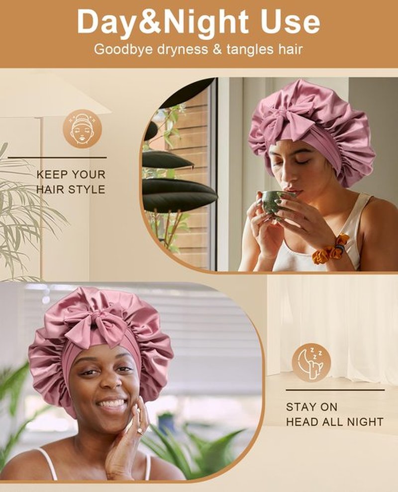 Extra Large Satin Bonnet for Sleeping Jumbo Silk Bonnet Double Layer Hair Bonnet for Women with Elastic Tie Band Sleep Wrap for Braids Curly Hair(Bean Paste + Pink)